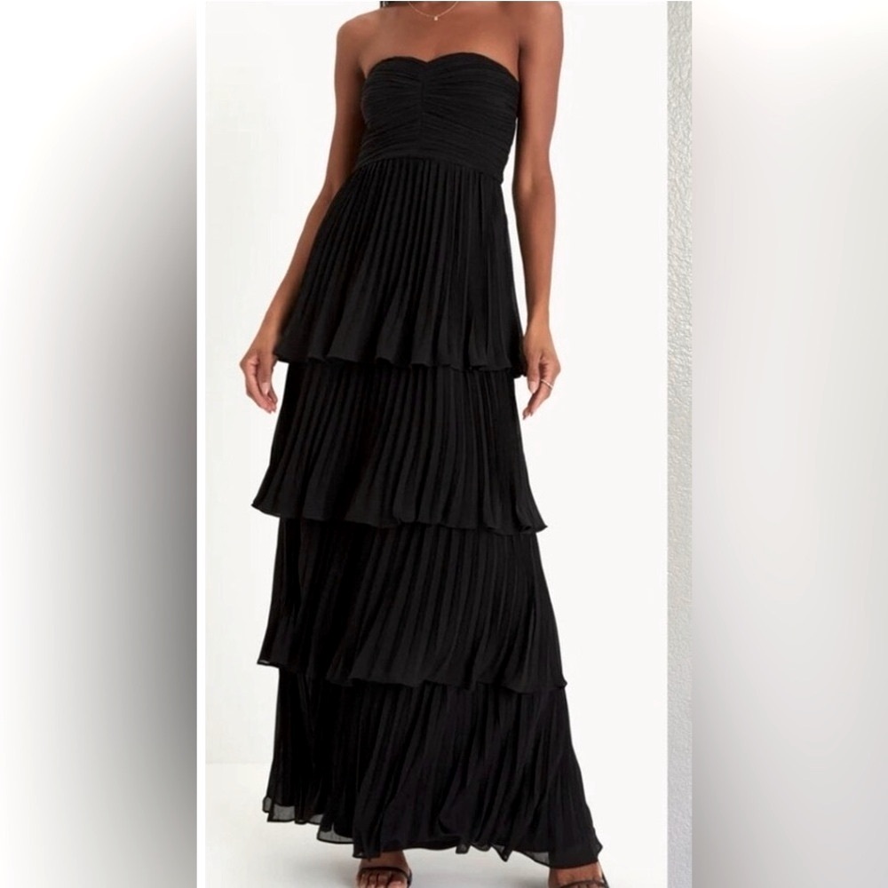 Lulus Seriously Sensational Black chiffon Strapless Tiered Maxi Dress